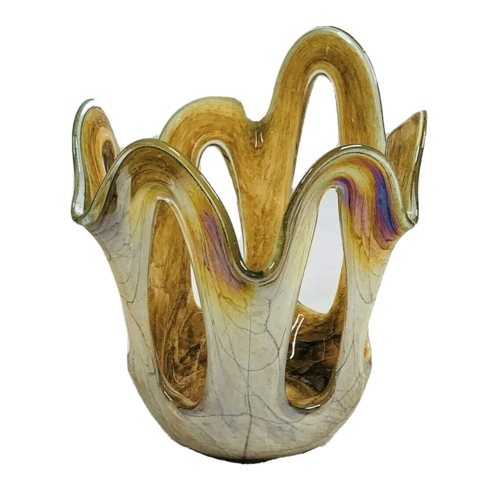 Vtg Makora Krosno Hand Blown Open Scalloped Edges Iridescent Glass Vase Poland